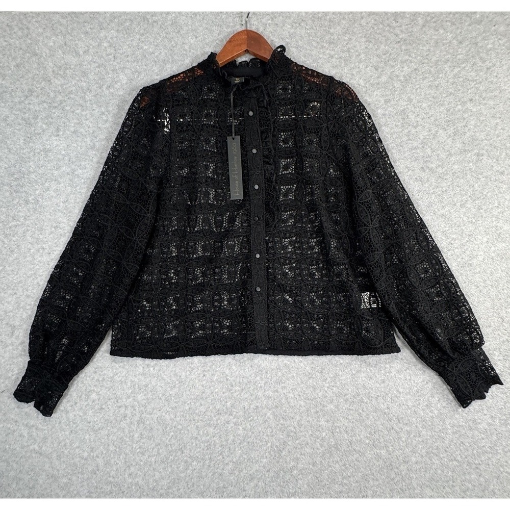 House of Harlow 1960 Black Eyelet Ruffle Neck Button Front Blouse NWT L Floral - Picture 7 of 14